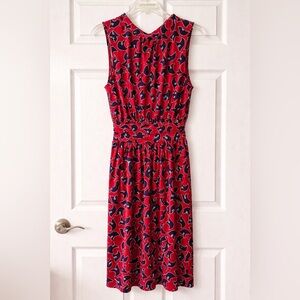 Leota Red Midi Dress with Navy Abstract Print